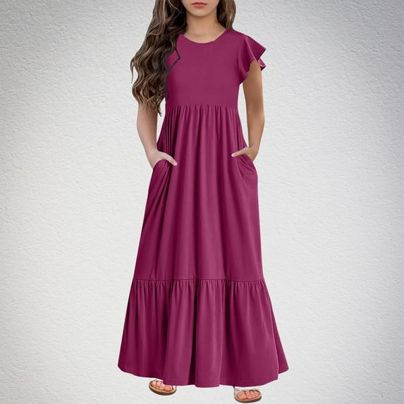Spazoro Kids Girls Dresses, Short Sleeve Round Neck Solid Color Fashion Princess Dress for Child Girls Wine Size 6 T