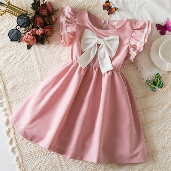 Spazoro Kids Girls Dresses, Short Sleeve Solid Color Butterfly Round Neck New Style Princess Dress for Child Girls Pink Size 3 T