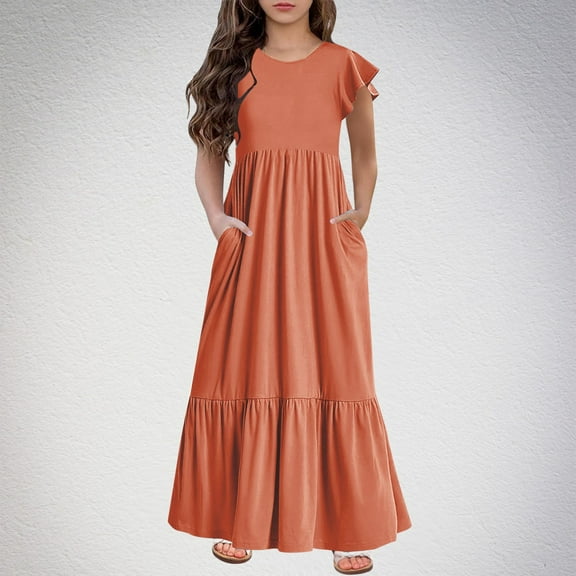 Spazoro Kids Girls Dresses, Short Sleeve Solid Color Fashion Round Neck Princess Dress for Child Girls Orange Size 5-6T