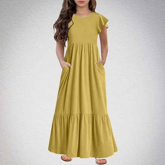 Spazoro Kids Girls Dresses, Short Sleeve Solid Color Fashion Round Neck Princess Dress for Child Girls Yellow Size 11-12T
