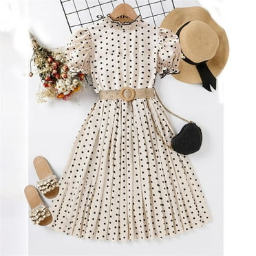 Spazoro Kids Girls Dresses, Solid Color Puff Sleeve Round Neck Fashion Princess Dress for Child Girls Beige Size 6 T