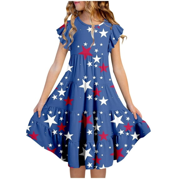 Spazoro Kids Girls Dresses, Star Print Round Neck Short Sleeve Fashion Princess Dress for Child Girls Blue Size 10 T