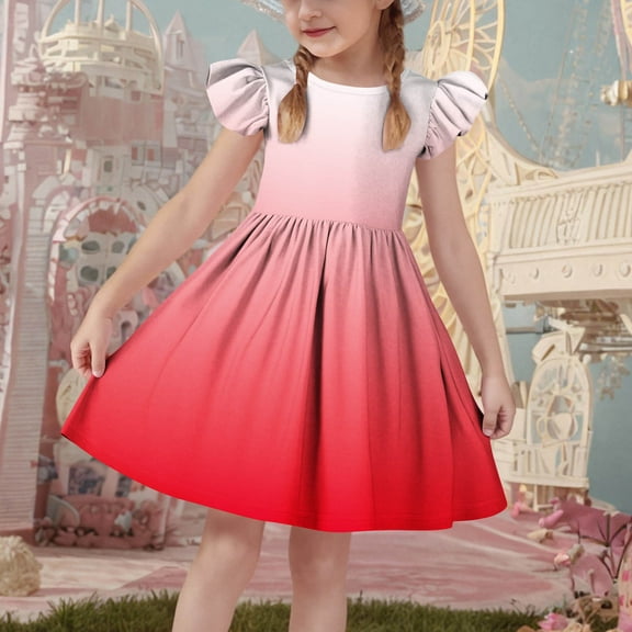 Spazoro Kids Girls Dresses, with Gradient Color Flutter Sleeves 2025 New Style Round Neck Princess Dress for Child Girls Red Size 5 T