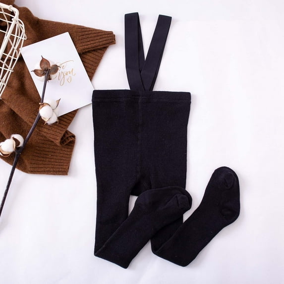 Spazoro Kids Girls Long Pantyhose, Cotton Solid Color Warm Suspenders Winter Tights Button Socks and Pants for Child Girls Black Size L