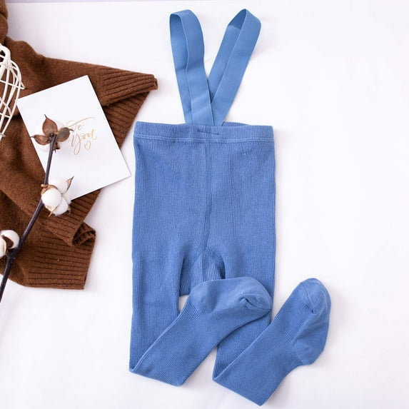 Spazoro Kids Girls Long Pantyhose, Suspenders Solid Color Winter Tights Warm Cotton Button Socks and Pants for Child Girls Blue Size S