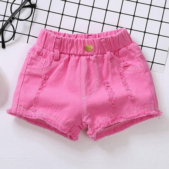 Spazoro Kids Girls Loose Fit Ripped Denim Shorts, Sport Wear Summer Solid Color with Pockets Casual Pants for Child Girls Hot Pink Size 4-5T