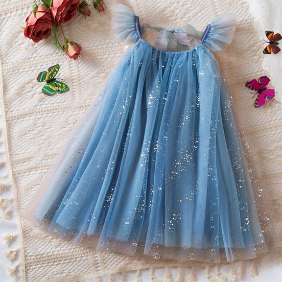 Spazoro Kids Girls Mesh Dresses, New Style Round Neck Short Sleeve Solid Color Butterfly Princess Dress for Child Girls Blue Size 2 T