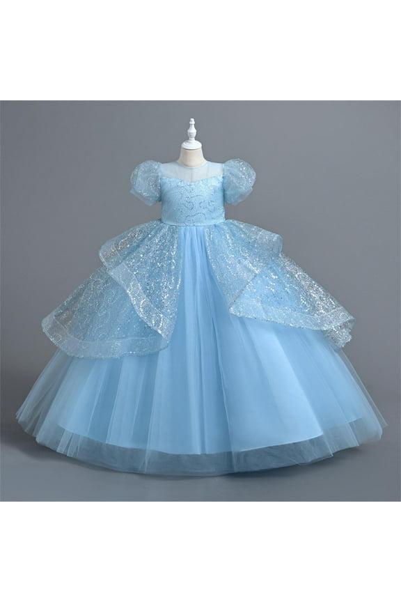 Kids Girls Mesh Dresses, Round Neck Fashion Puff Sleeve Solid Color Princess Dress for Child Girls Blue Size 10 T