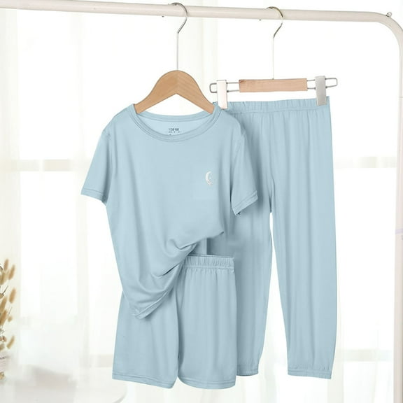 Spazoro Kids Girls Pajamas Shirts and Pants, Crew Neck Short Sleeve Cute Print Comfortable Casual Home Wear Outfit Sets for Child Girls Boys Light Blue Size 3 T