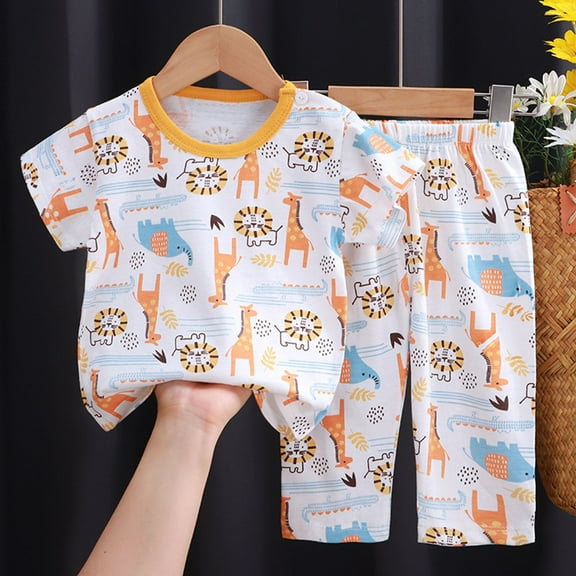 Spazoro Kids Girls Pajamas Shirts and Pants, Short Sleeve Cute Print Crew Neck Comfortable Casual Home Wear Outfit Sets for Child Girls Boys Orange Size 3 T
