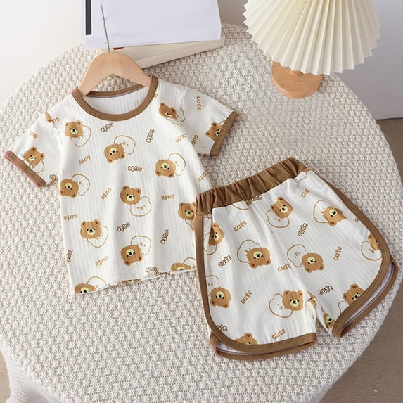 Spazoro Kids Girls Pajamas Shirts and Shorts, Crew Neck Short Sleeve Casual Home Wear Cute Print Comfortable Outfit Sets for Child Girls Boys Coffee Size 3 T