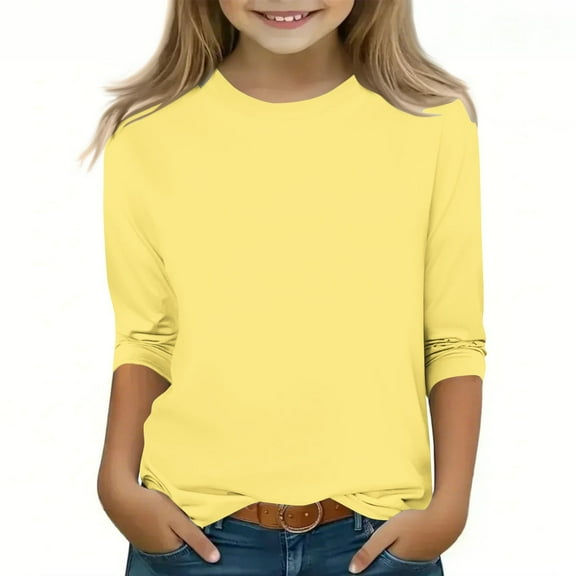 Spazoro Kids Girls Pullover Shirts Tee, 3/4 Sleeve Fashion Spring and Summer Solid Color Round Neck Casual Tops for Child Girls Yellow Size 4-5T