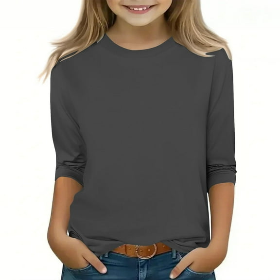 Spazoro Kids Girls Pullover Shirts Tee, 3/4 Sleeve Solid Color Fashion Spring and Summer Round Neck Casual Tops for Child Girls Dark Gray Size 3-4T