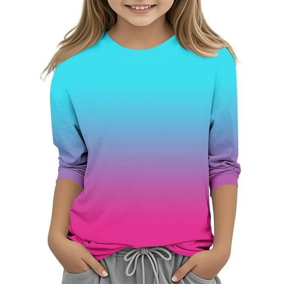 Spazoro Kids Girls Pullover Shirts Tee, Gradient Print Fashion 3/4 Sleeve Round Neck Spring and Summer Casual Tops for Child Girls Blue Size 3-4T
