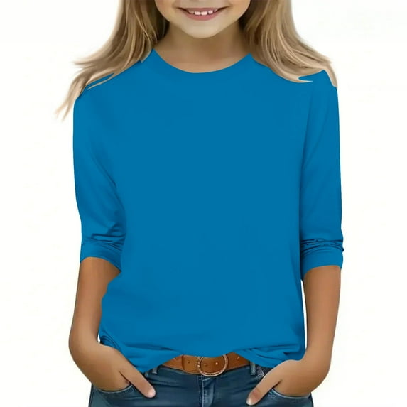 Spazoro Kids Girls Pullover Shirts Tee, Solid Color Round Neck Spring and Summer Fashion 3/4 Sleeve Casual Tops for Child Girls Blue Size 4-5T