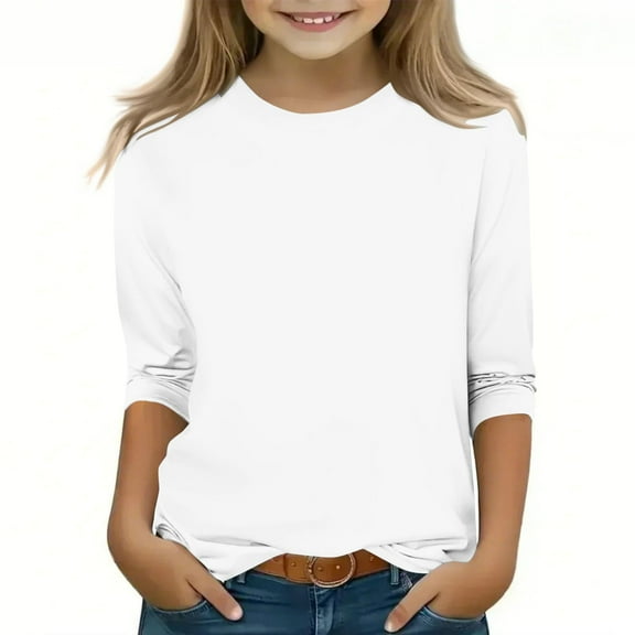 Spazoro Kids Girls Pullover Shirts Tee, Solid Color Fashion 3/4 Sleeve Round Neck Spring and Summer Casual Tops for Child Girls White Size 4-5T