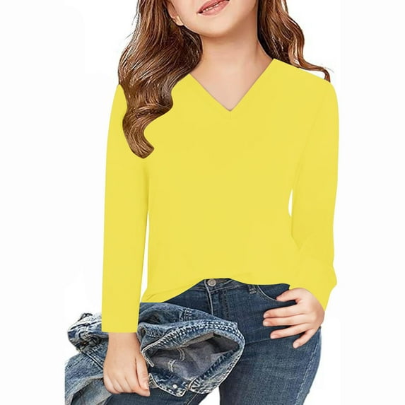 Spazoro Kids Girls Pullover Shirts Tee, Fashion Solid Color Round Neck Spring and Summer Long Sleeve Casual Tops for Child Girls Yellow Size 4 T