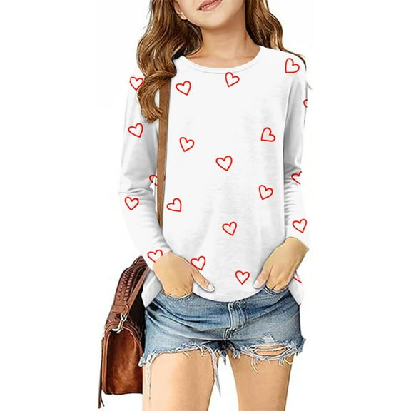 Spazoro Kids Girls Pullover Shirts Tee, Fashion Spring and Summer Long Sleeve Valentine's Day Heart Prints Round Neck Casual Tops for Child Girls White Size 7 T