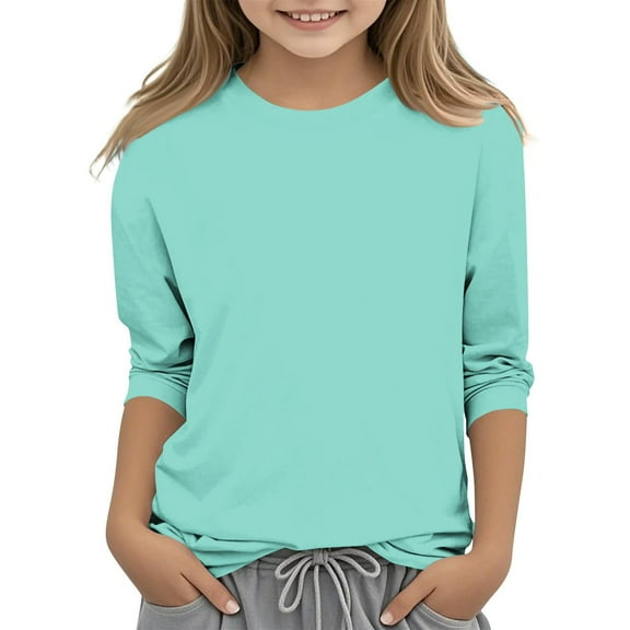 Spazoro Kids Girls Pullover Shirts Tee, Round Neck 3/4 Sleeve Fashion Solid Color Spring and Summer Casual Tops for Child Girls Mint Green Size 7-8T