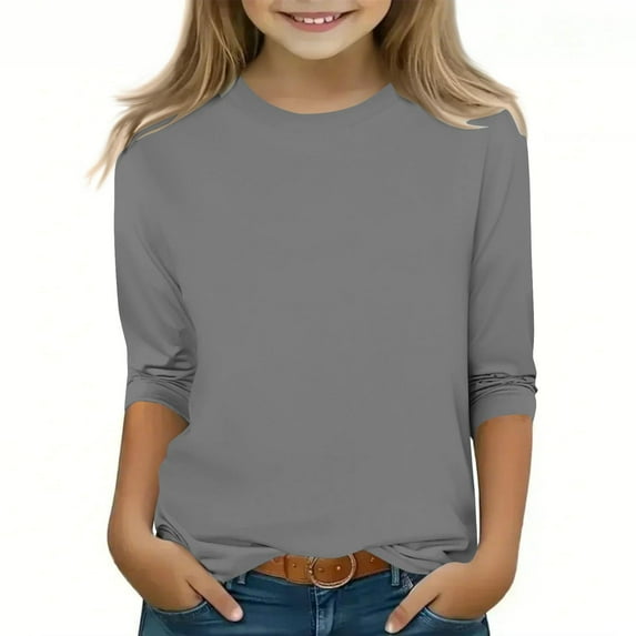 Spazoro Kids Girls Pullover Shirts Tee, Round Neck Solid Color Spring and Summer Fashion 3/4 Sleeve Casual Tops for Child Girls Gray Size 9-10T