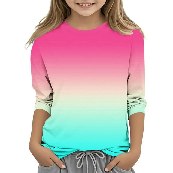 Spazoro Kids Girls Pullover Shirts Tee, Gradient Print 3/4 Sleeve Round Neck Spring and Summer Fashion Casual Tops for Child Girls Hot Pink Size 4-5T