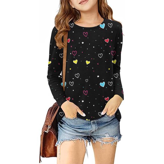 Spazoro Kids Girls Pullover Shirts Tee, Long Sleeve Round Neck Valentine's Day Heart Prints Fashion Spring and Summer Casual Tops for Child Girls Black Size 7 T