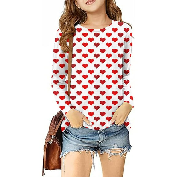 Spazoro Kids Girls Pullover Shirts Tee, Fashion Valentine's Day Heart Prints Spring and Summer Long Sleeve Round Neck Casual Tops for Child Girls Red Size 7 T