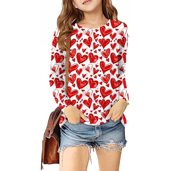 Spazoro Kids Girls Pullover Shirts Tee, Round Neck Spring and Summer Valentine's Day Heart Prints Long Sleeve Fashion Casual Tops for Child Girls Red Size 7 T