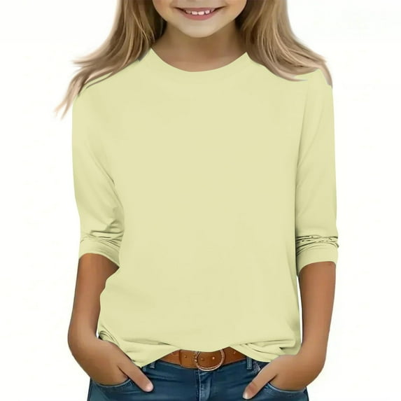 Spazoro Kids Girls Pullover Shirts Tee, 3/4 Sleeve Spring and Summer Round Neck Solid Color Fashion Casual Tops for Child Girls Yellow Size 5-6T