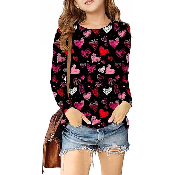 Spazoro Kids Girls Pullover Shirts Tee, Spring and Summer Fashion Valentine's Day Heart Prints Round Neck Long Sleeve Casual Tops for Child Girls Red Size 11 T