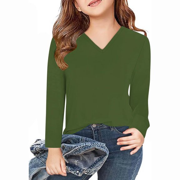 Spazoro Kids Girls Pullover Shirts Tee, Spring and Summer Fashion Solid Color Round Neck Long Sleeve Casual Tops for Child Girls Green Size 9 T