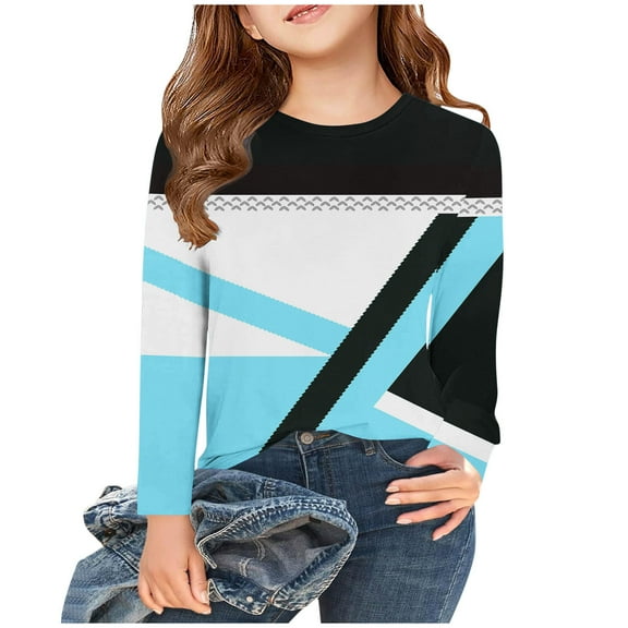Spazoro Kids Girls Shirts Tee, 2025 Crew Neck Long Sleeve Fashion Print Casual Loose Tops for Child Girls Light Blue Size 13 T