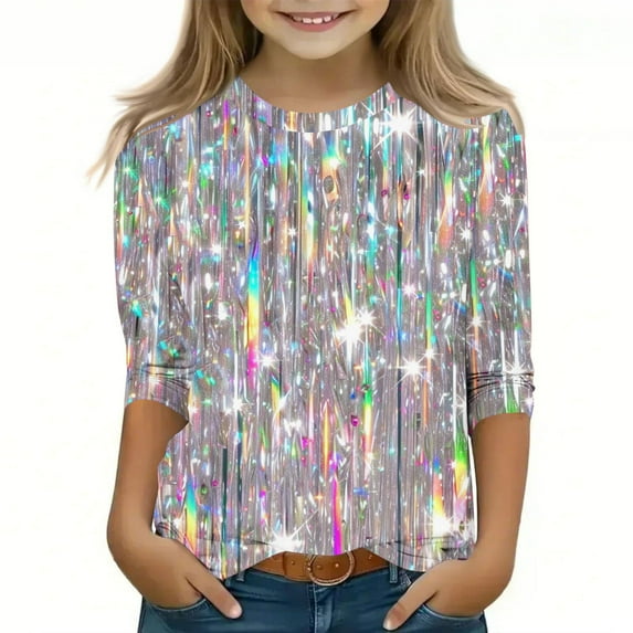 Spazoro Kids Girls Shirts Tee, 2025 Crew Neck Shiny Printed Long Sleeve Casual Loose Tops for Child Girls Silver Size 7 T