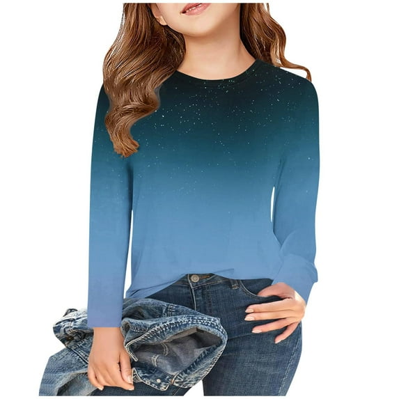 Spazoro Kids Girls Shirts Tee, 2025 Fashion Print Long Sleeve Crew Neck Casual Loose Tops for Child Girls Blue Size 13 T