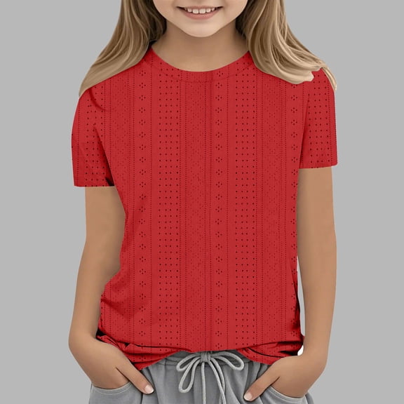 Spazoro Kids Girls Shirts Tee, 2025 Solid Color Crew Neck Short Sleeve Casual Loose Tops for Child Girls Red Size 7-8T