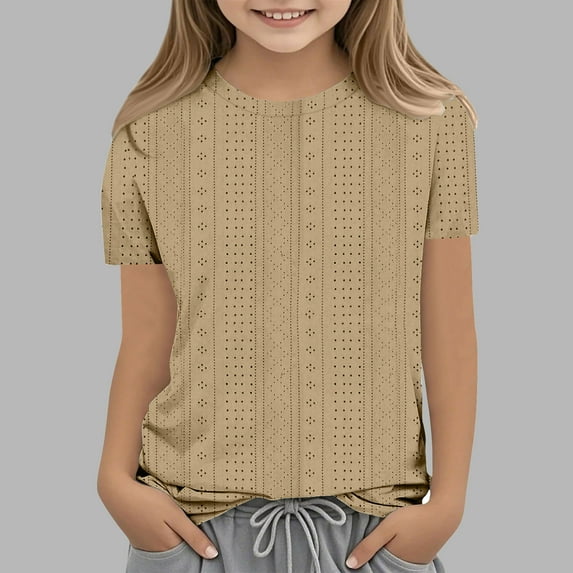 Spazoro Kids Girls Shirts Tee, Short Sleeve 2025 Solid Color Crew Neck Casual Loose Tops for Child Girls Khaki Size 3-4T