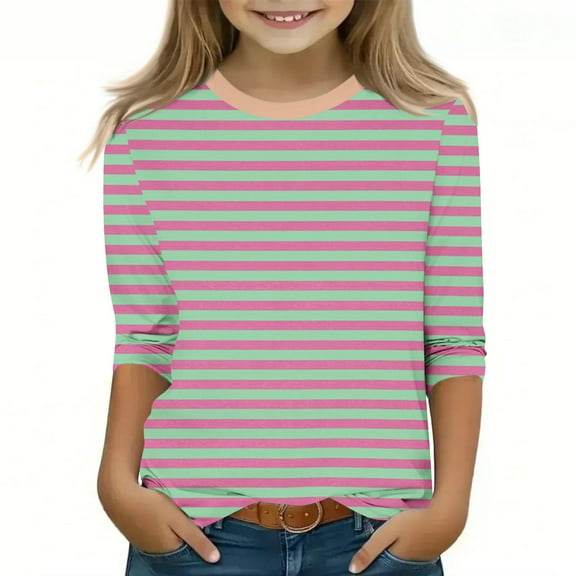Spazoro Kids Girls Shirts Tee, 3/4 Sleeve Crew Neck Stripe Print 2025 Casual Loose Tops for Child Girls Pink Size 3 T