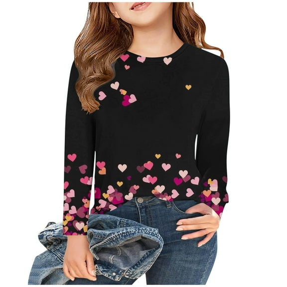 Spazoro Kids Girls Shirts Tee, Crew Neck Long Sleeve Valentine's Day 2025 Casual Loose Tops for Child Girls Black Size 4-5T