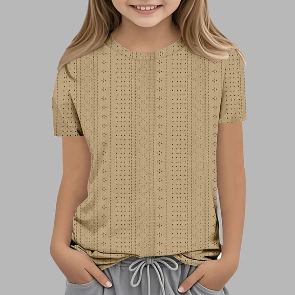 Spazoro Kids Girls Shirts Tee, Crew Neck Short Sleeve Solid Color 2025 Casual Loose Tops for Child Girls Khaki Size 7-8T