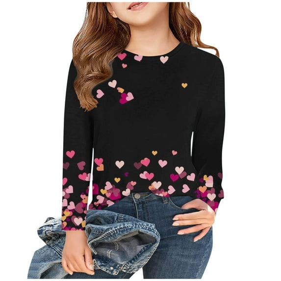 Spazoro Kids Girls Shirts Tee, Crew Neck Valentine's Day 2025 Long Sleeve Casual Loose Tops for Child Girls Black Size 9-10T