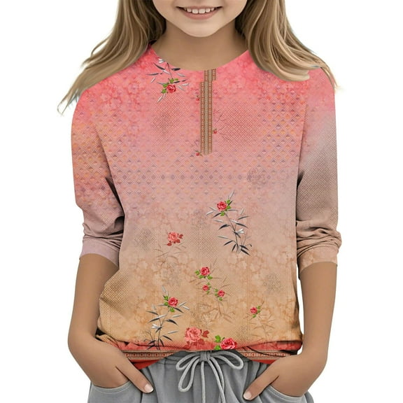 Spazoro Kids Girls Shirts Tee, Fashion Print Crew Neck 3/4 Sleeve 2025 Casual Loose Tops for Child Girls Multicolor Size 4 T