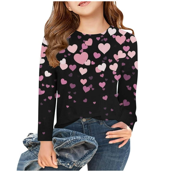 Spazoro Kids Girls Shirts Tee, Long Sleeve 2025 Valentine's Day Crew Neck Casual Loose Tops for Child Girls Pink Size 5-6T