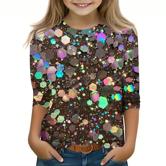 Spazoro Kids Girls Shirts Tee, Long Sleeve Crew Neck 2025 Shiny Printed Casual Loose Tops for Child Girls Coffee Size 3 T