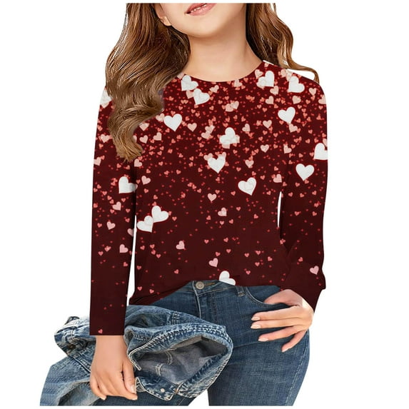 Spazoro Kids Girls Shirts Tee, Long Sleeve Crew Neck 2025 Valentine's Day Casual Loose Tops for Child Girls Wine Size 11-12T