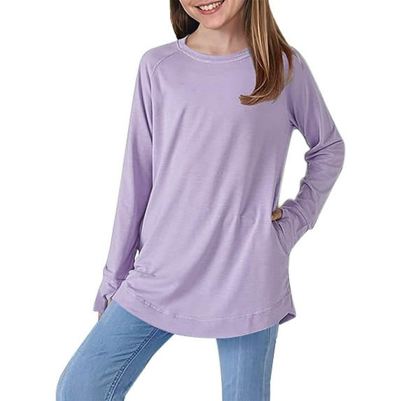 Spazoro Kids Girls Shirts Tee, Long Sleeve Solid Color Crew Neck 2025 Casual Loose Tops for Child Girls Purple Size 7 T