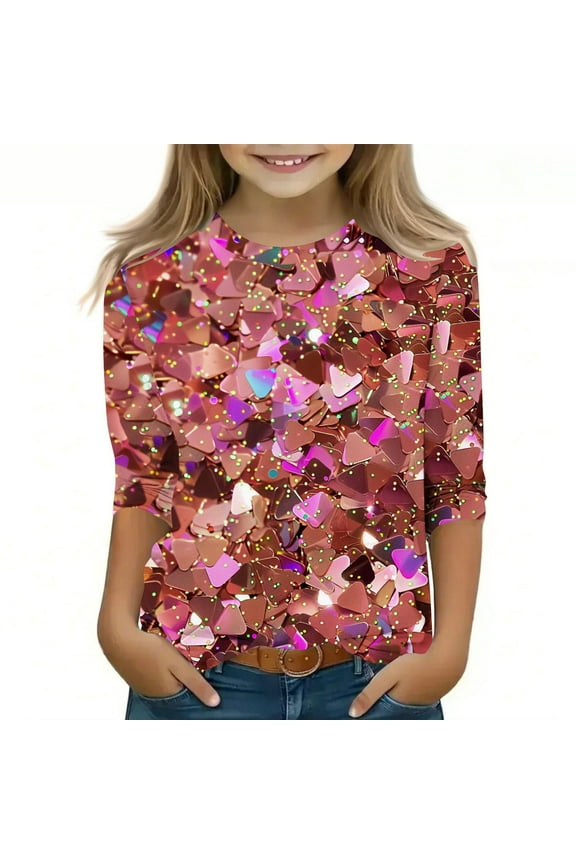 Kids Girls Shirts Tee, Shiny Printed Crew Neck Long Sleeve 2025 Casual Loose Tops for Child Girls Red Size 3 T