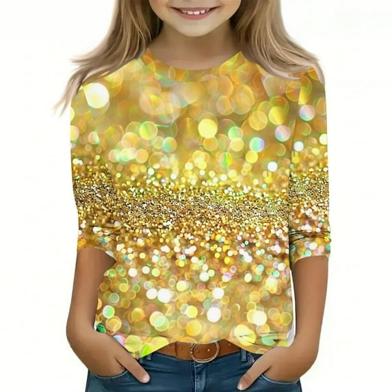 Spazoro Kids Girls Shirts Tee, Shiny Printed Long Sleeve Crew Neck 2025 Casual Loose Tops for Child Girls Gold Size 4 T