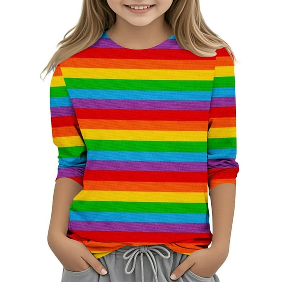 Spazoro Kids Girls Shirts Tee, Stripe Print 3/4 Sleeve 2025 Crew Neck Casual Loose Tops for Child Girls Multicolor Size 11 T
