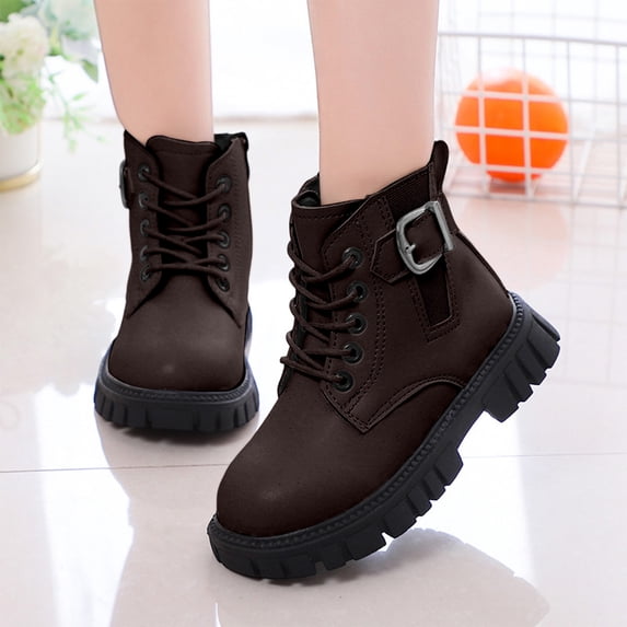 Spazoro Kids Girls Side Zipper Ankle Martin Boots, Waterproof PU Leather Lace Up Non-Slip Metal Buckle Booties Shoes for Fall Winter Brown
