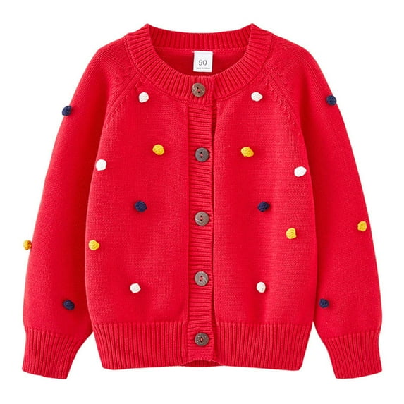 Spazoro Kids Girls Sweaters, Button Down Long Sleeve Cotton Fall Winter Colorful Balls Cardigan for Child Girls Red Size 3 T